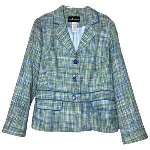SAG Harbor - Blue, Green & White Woven Tweed Button Front Blazer - Size 10